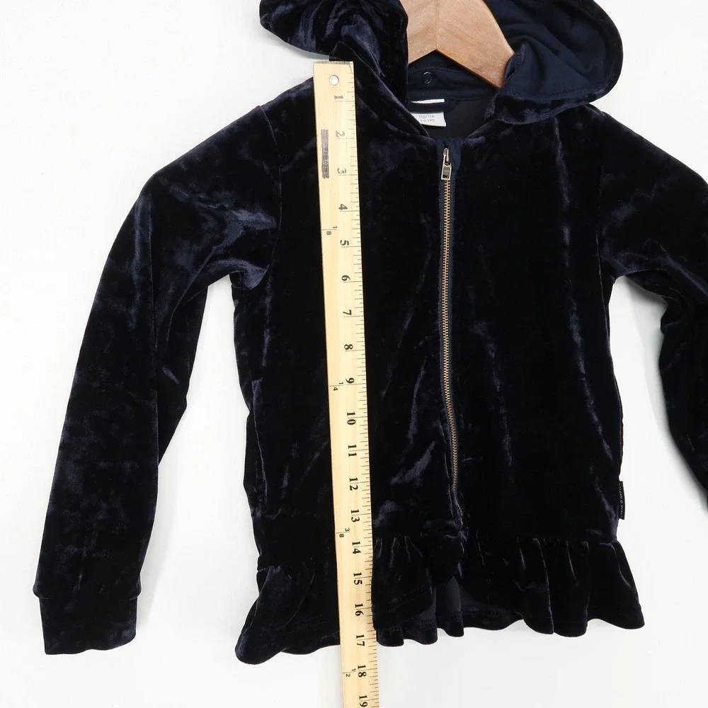 Polarn O. Pyret‎ Velvet Hoodie Swans Navy Blue Ruffle Girls Size 4-6